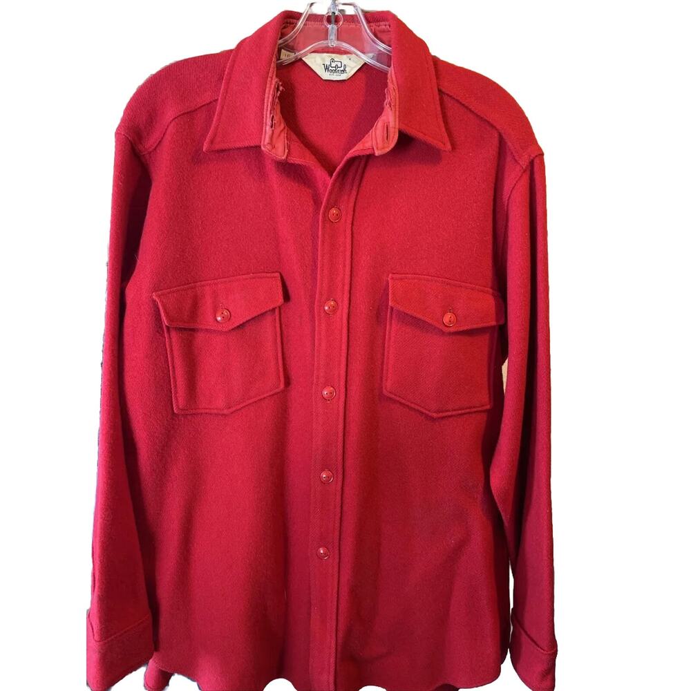 Woolrich Vintage Men 16 Red LS Button Down Wool Flannel Western Shirt Distressed